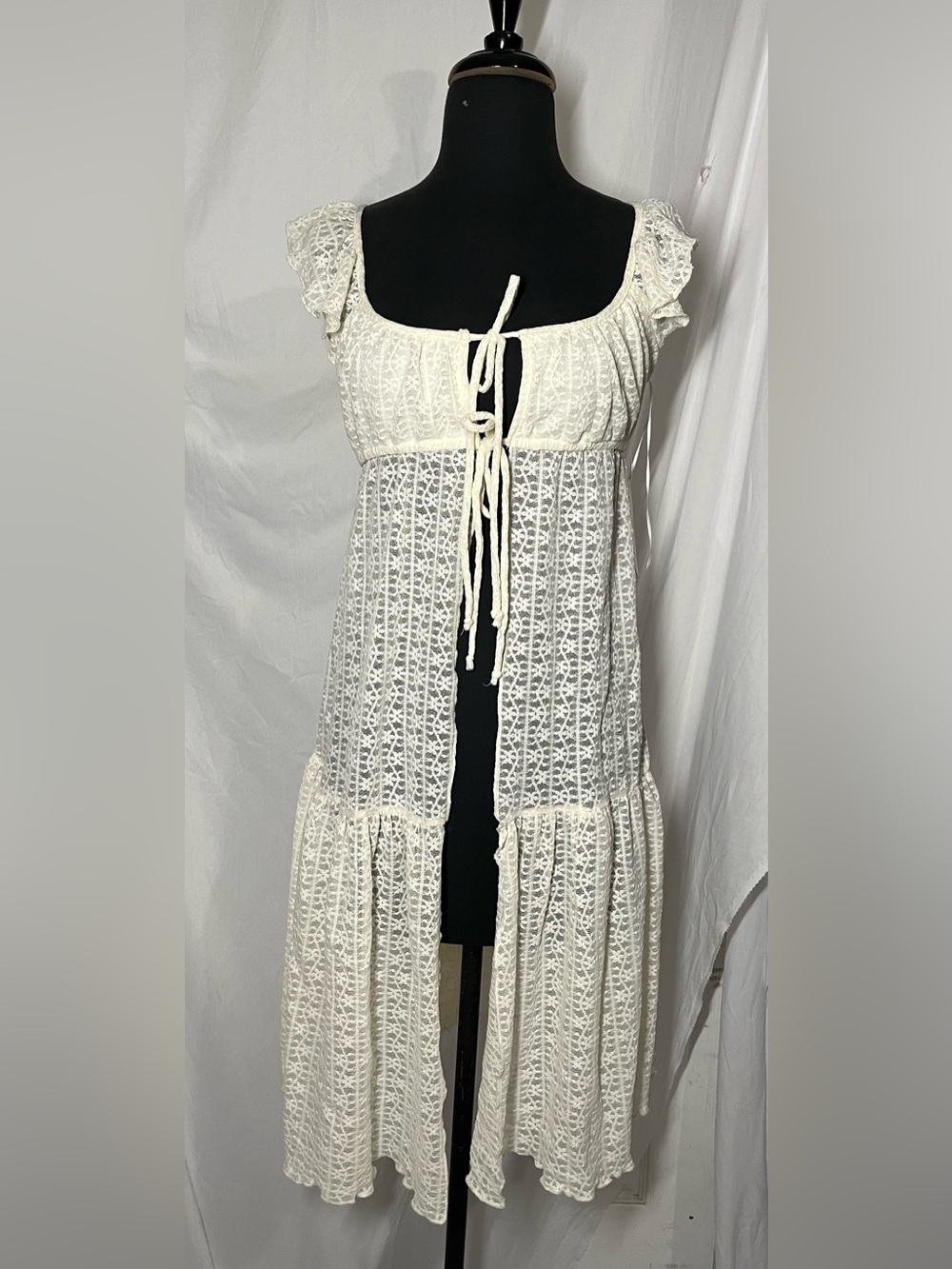 Tie-Front Ivory Lace cover for mini Dress with Ruffle Sleeves